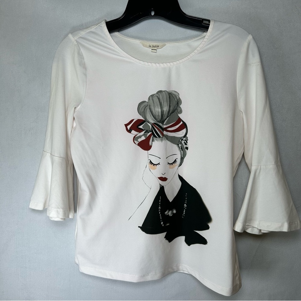 La Babite Graphic Face Print Top S/M – Ivory 3/4 Bell Sle|eve